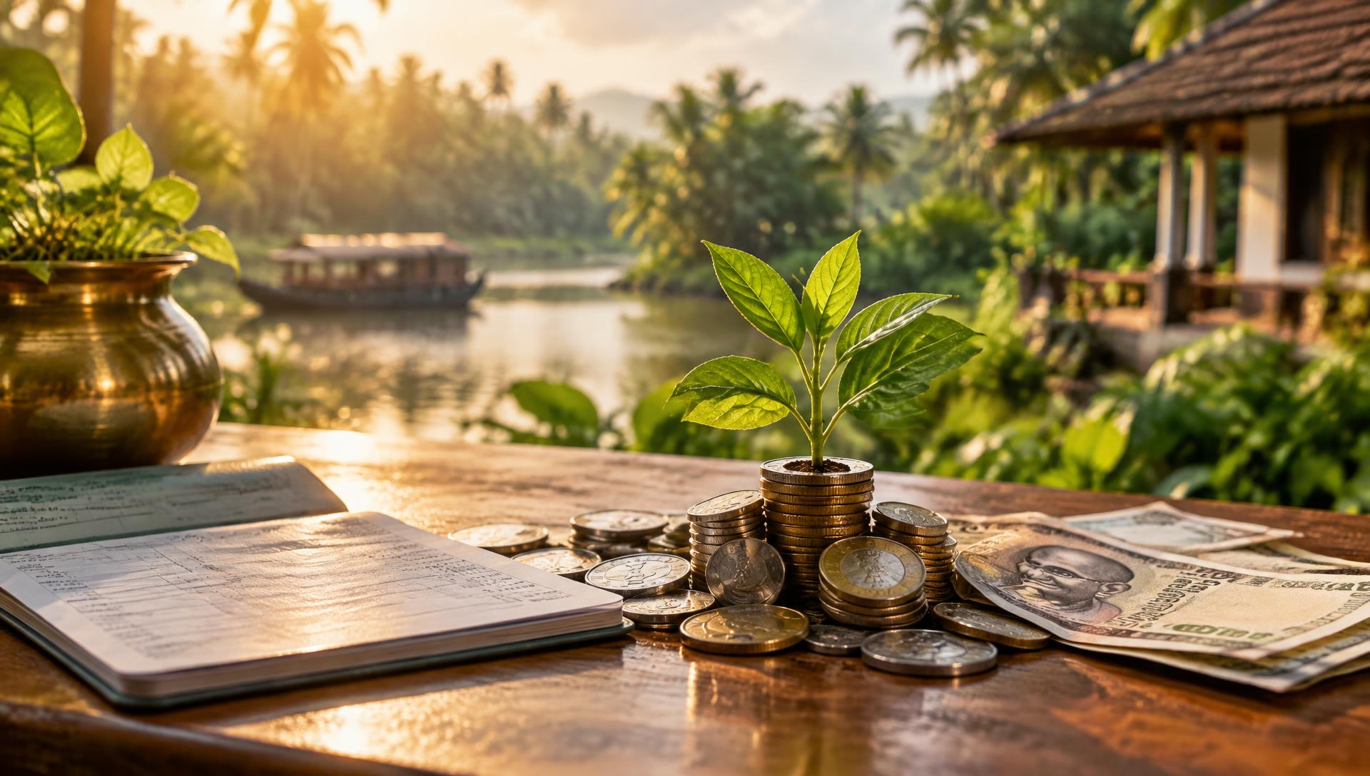 Coins, currency notes and a savings passbook on a wooden table with a sprouting plant in a Kerala setting