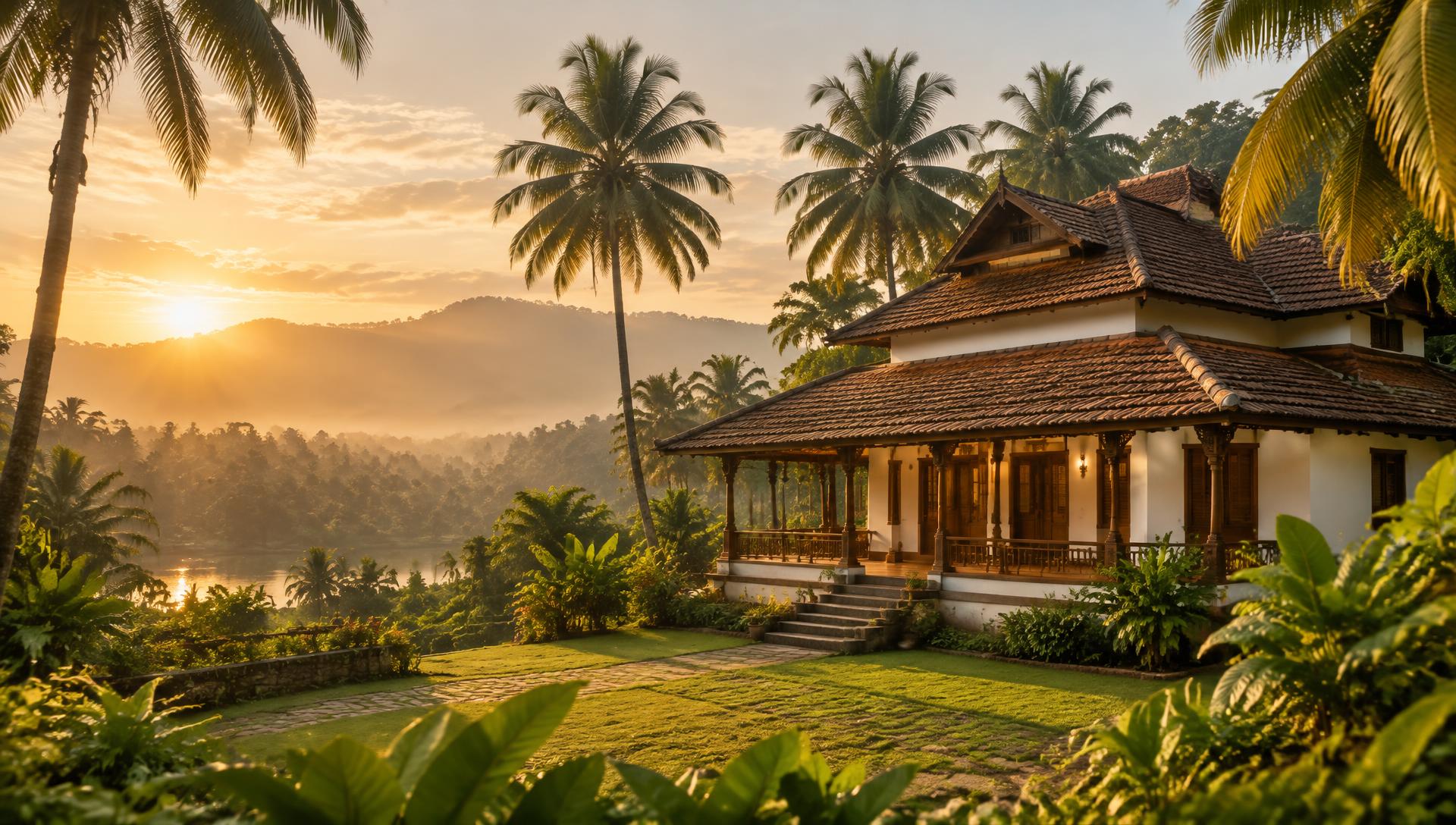 A traditional Kerala home with a tiled roof glowing in golden sunrise light among palm trees